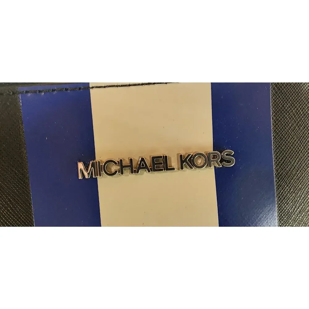 Michael Kors Jet Set Travel Dome Crossbody Black Saffiano Blue White Striperipe